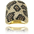 14k Gold Overlay Brass Cubic Zirconia Leopard Print Wide Band Ring