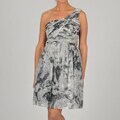 Oleg Cassini Women's One Shoulder Floral-Print Silver Chiffon Party Dress