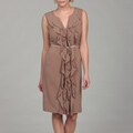Connected Apparel Women's Dark Khaki Ruffle Belted Dress