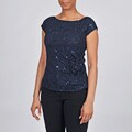Onyx Nite Women's Navy Lace and Sequin Rosette Cap-sleeve Top