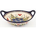 Polish Stoneware Pottery 13.5-inch Handled Round Serving Bowl