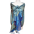Women's Blue and Green Jacquard Fringe Shawl Wrap