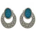 Pewter Created Turquoise Greek Key Oval Stud Earrings