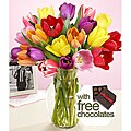 20 Assorted Tulips With Ginger Vase And Rocky Mountain Chocolates