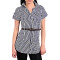 Stanzino Women's White/ Navy Pinstripe Belted Shirt