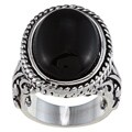 City Style Silvertone Black Resin Oval Antiqued Ring
