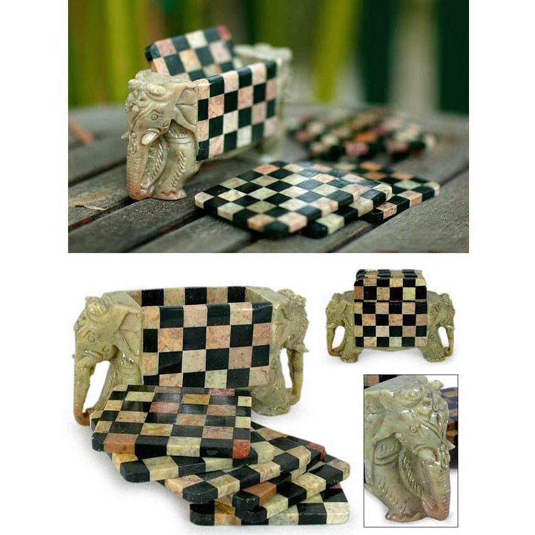 Set of 6 Handcrafted Soapstone 'Elephant Chess' Coasters (India)