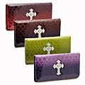 Patent Croco Embossed Checkbook Wallet with Rhinestoned Cross Accent