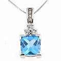14k White Gold Blue Topaz & 1/6ct Diamond Pendant