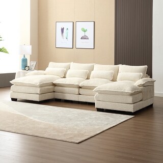 Beige Large U Shape Modular Reversible Sectional Sofa With Ottomans And