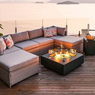 Manteo Rustic Coastal Outdoor Patio Sofa Set With Fire Pit Table On