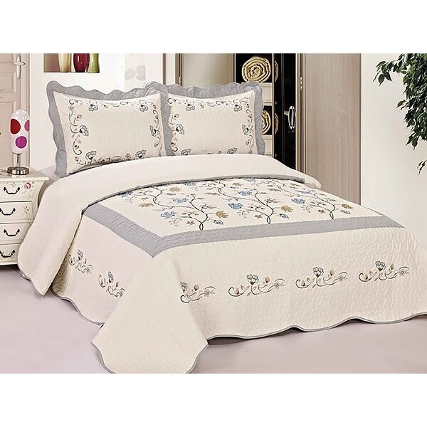 3 Piece Twin Size Light Gray White Floral Quilt Bedspread Fully Quilted