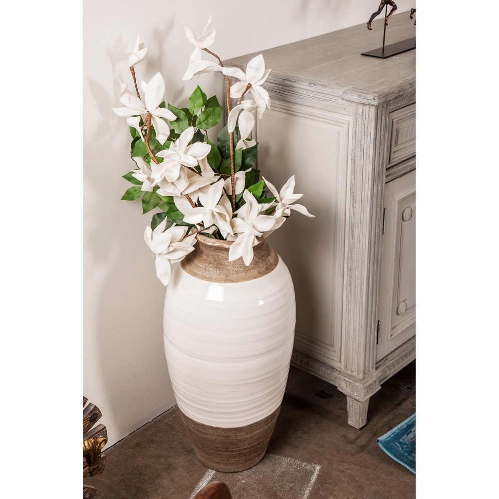 Modern Coastal Farmhouse Gray and White Porcelain Stoneware Floor Vase