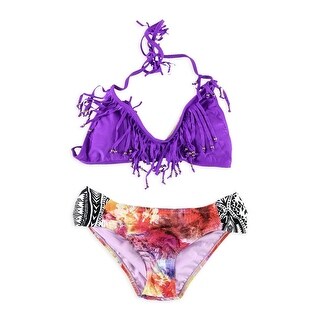 Raisins Womens Beaded Fringe Side Tab 2 Piece Bikini Purple Medium