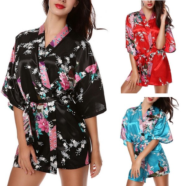 PEACOCK FLORAL PRINT Women's Satin Charmeuse Kimono Robes Set Belted