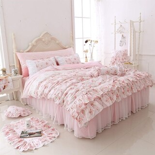 Romantic Roses Print Duvet Cover Set With Bed Skirt Pink Lace Ruffle
