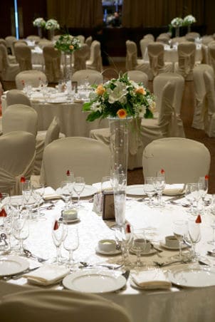 Beautifully decorated tables at a wedding reception