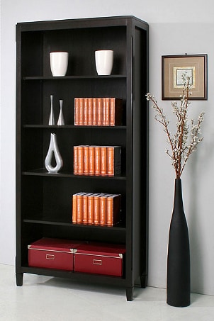 Modern black bookshelf with books and accent pieces