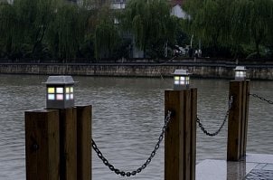 Garden lights near a lake