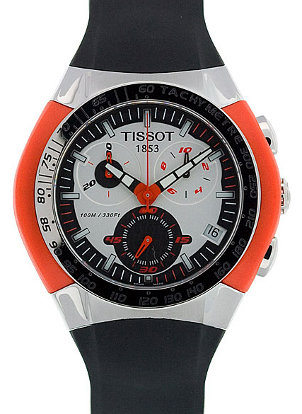 A Tissot chronograph watch with black rubber watchbands, a stainless steel case and orange accents
