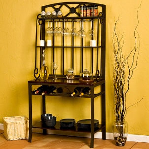 Decorative baker's rack with wine rack, wine glass holders and several shelves
