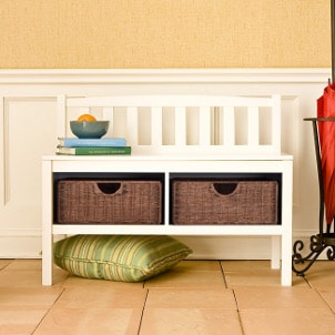 White hallway bench with red umbrella and green pillow
