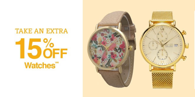 Up to 70% off + Extra 15% off Watches**