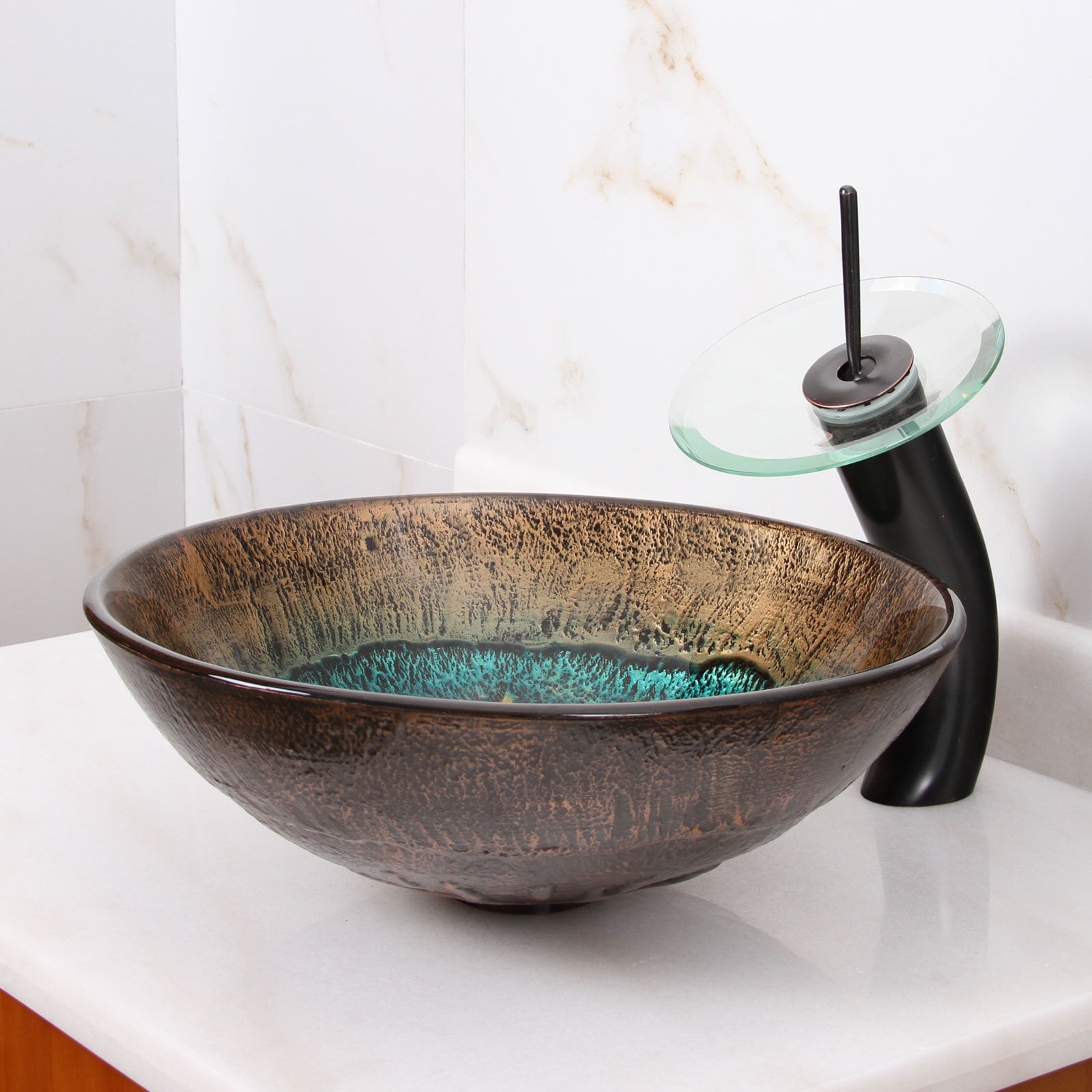 Volcanic Pattern Tempered Glass Bathroom Vessel Sink And Waterfall Faucet Combo