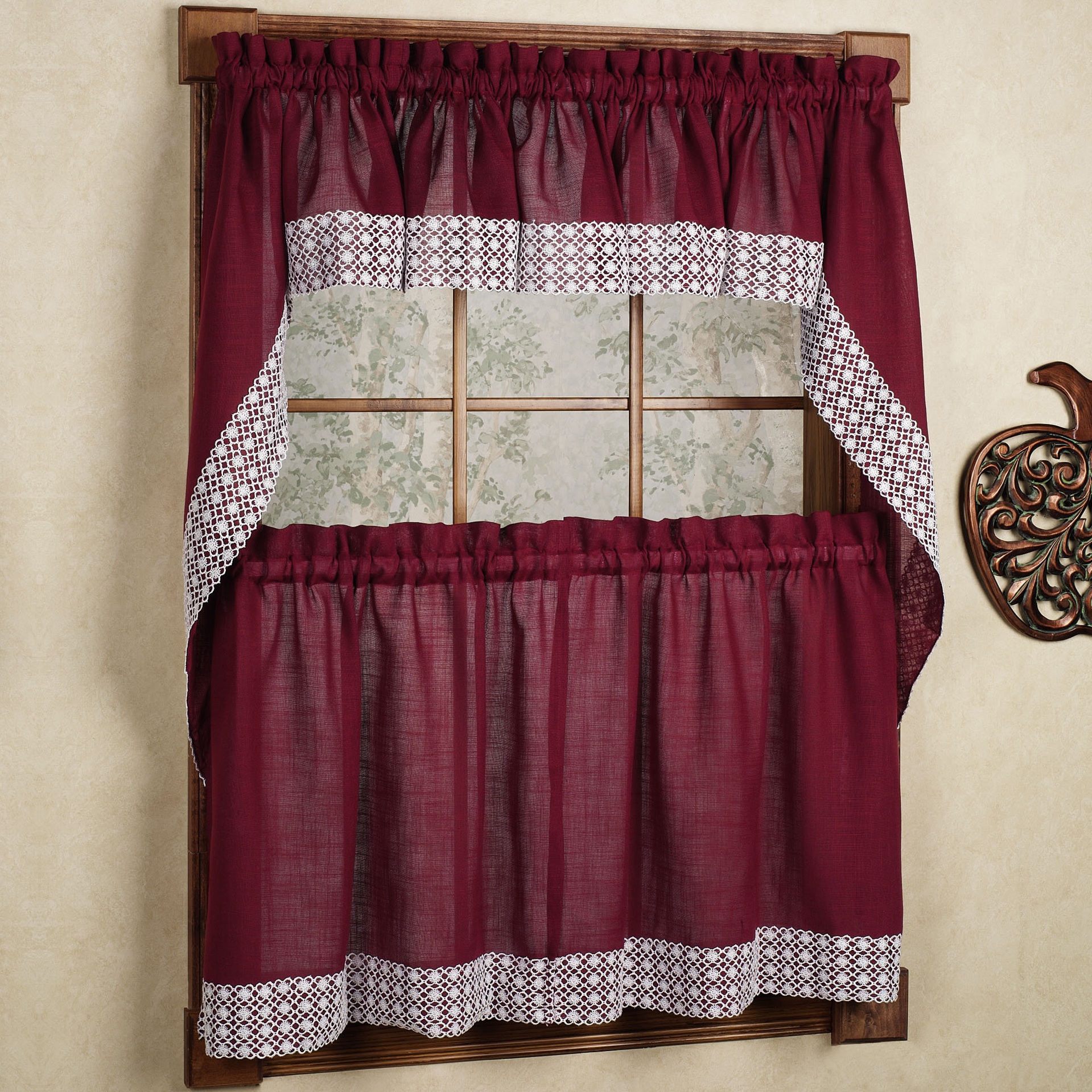 Shop Burgundy Country Style Curtain Parts With White Daisy Lace