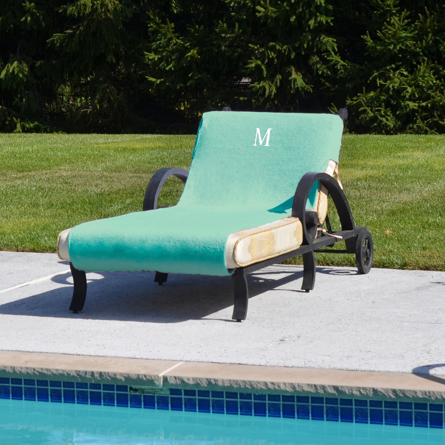 Authentic Turkish Cotton Monogrammed Aqua Green Towel Cover For Standard Size Chaise Lounge Chair