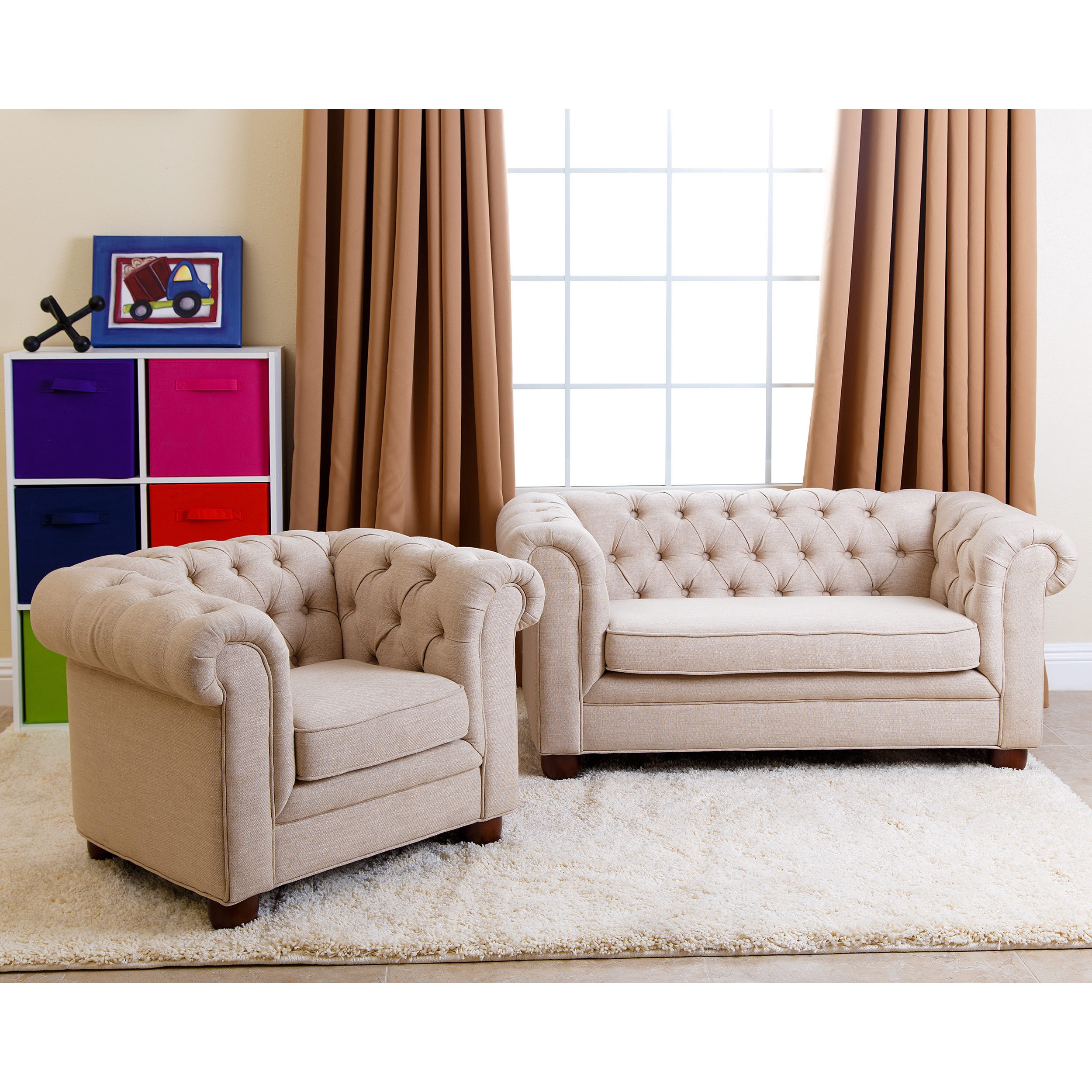 Shop Abbyson Kids Beige Linen Chesterfield RJ Mini Sofa On Sale