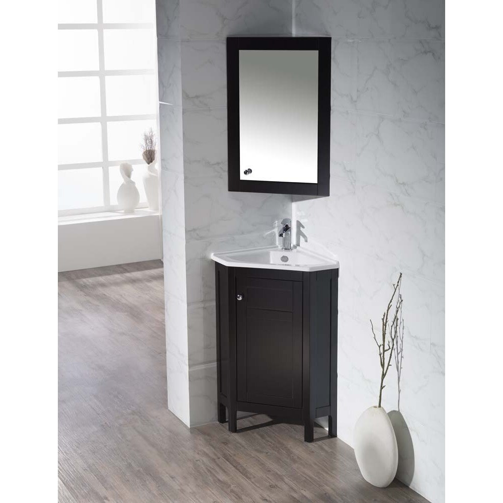 Shop Stufurhome Clarkson Espresso 24 25 Inch Corner Bathroom Vanity With Mirrored Medicine Cabinet Overstock 10585165