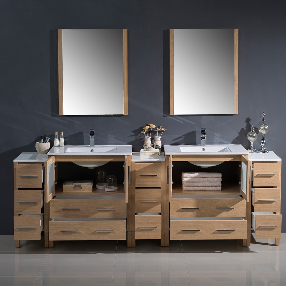 Fresca Torino 96 Inch Light Oak Modern Double Sink Bathroom Fresca Torino 96 Inch Light Oak Modern Double Sink Bathroom Vanity With 3 Side Cabinets And Integrated Sinks Free Shipping Today