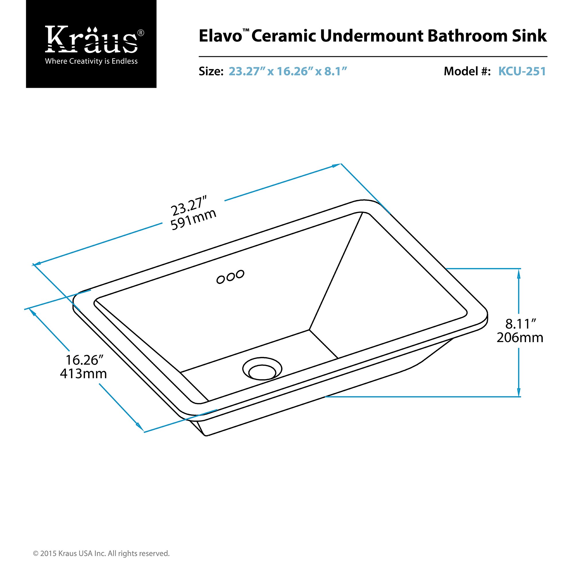 KRAUS Elavo Large Rectangular Ceramic Undermount Bathroom Sink In