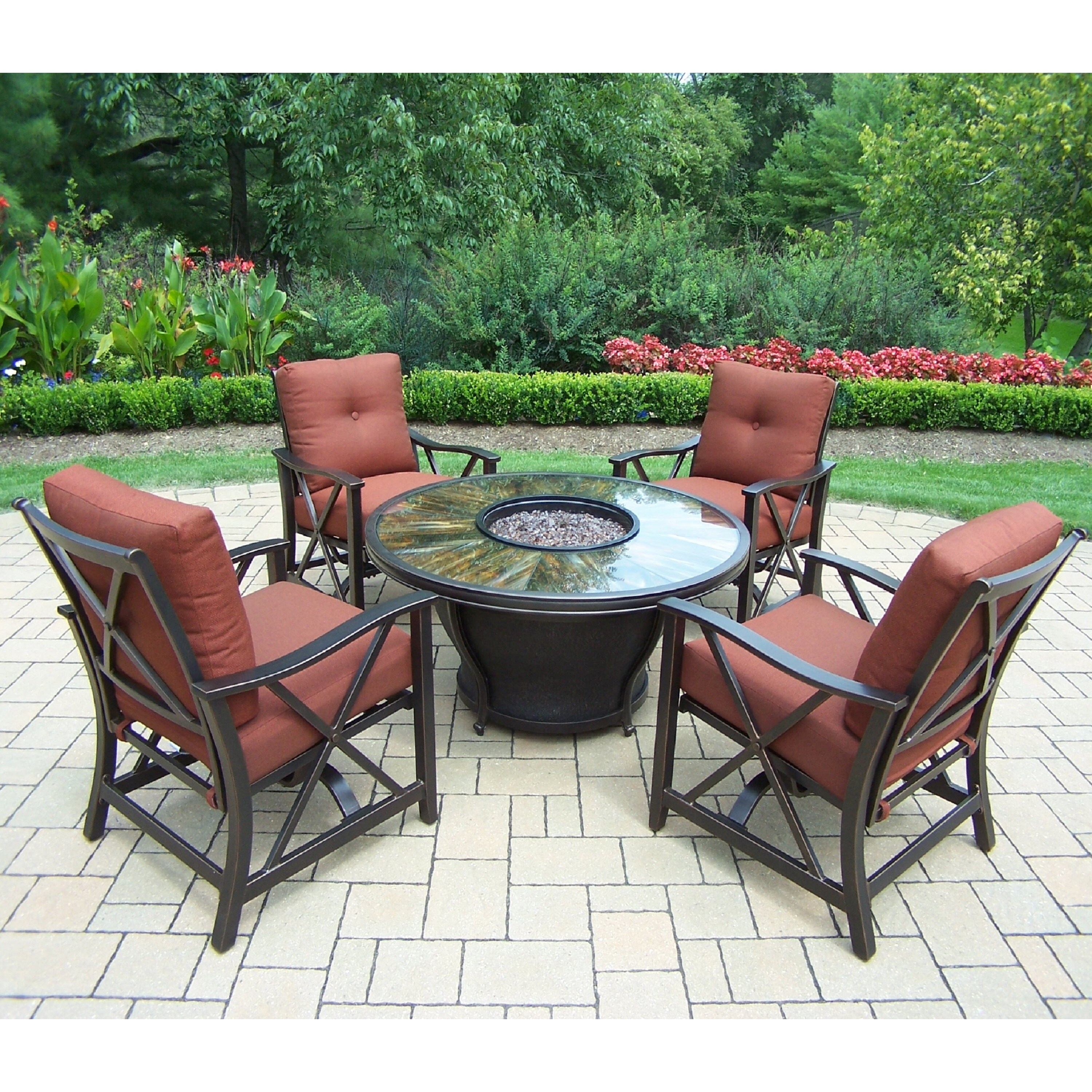 Chat Set With Round Firepit Table Cover Rocking Chairs And Cushions