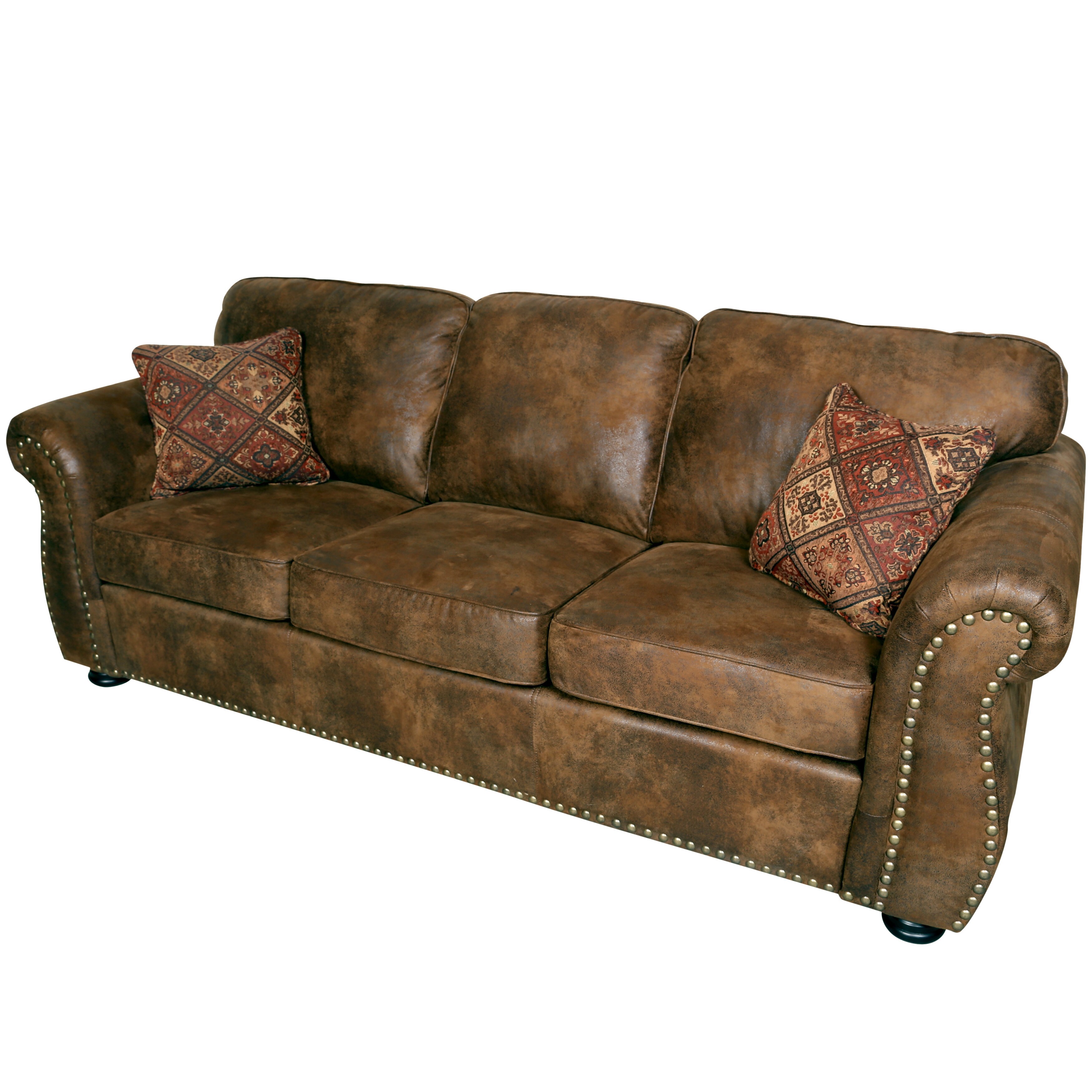 shop porter elk river brown microfiber faux suede leather sofa with 2 woven accent pillows - free shipping today - overstock.com - 11484055 P0T4IOMG