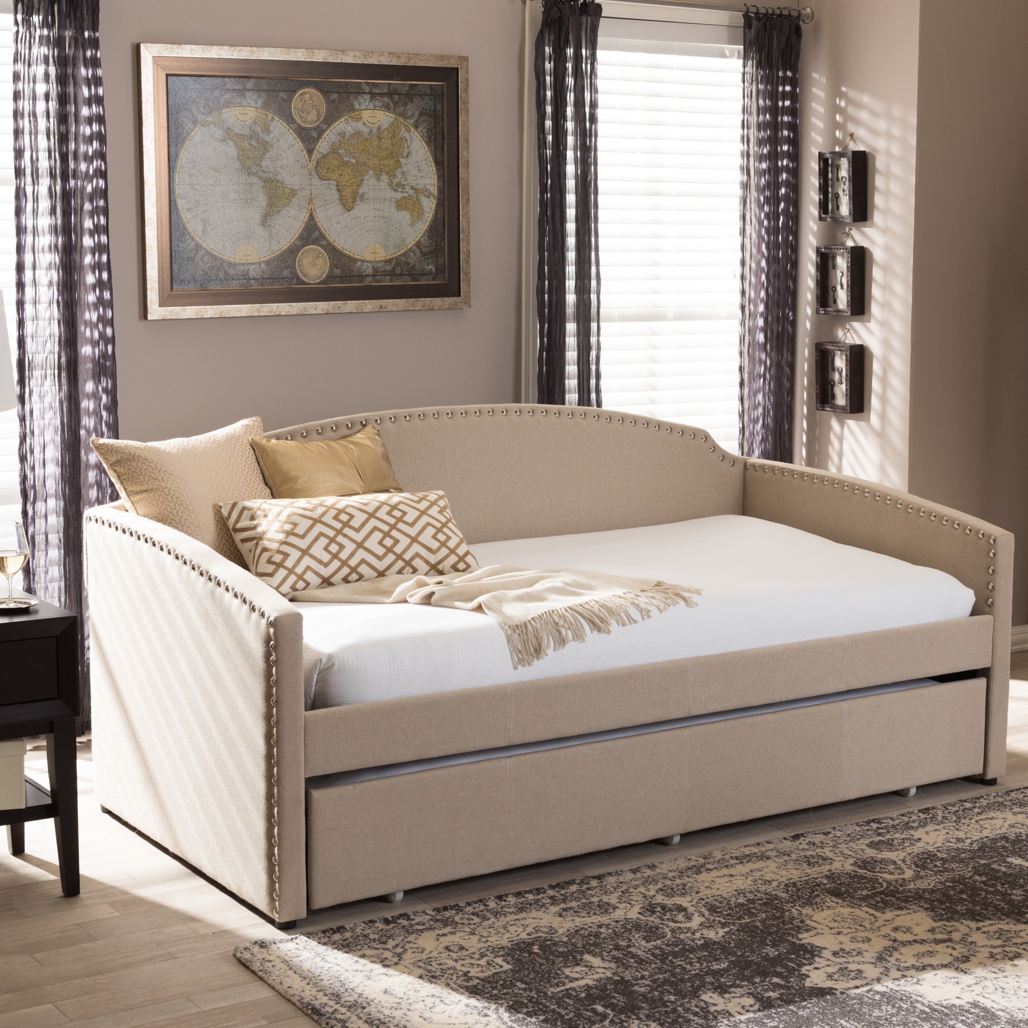 Baxton Studio Lefteris Modern Contemporary Fabric Nailheads Baxton Studio Lefteris Modern Contemporary Fabric Nailheads Trimmed Arched Back Sofa Twin Daybed With Roll Out Trundle Guest Bed Free Shipping Today