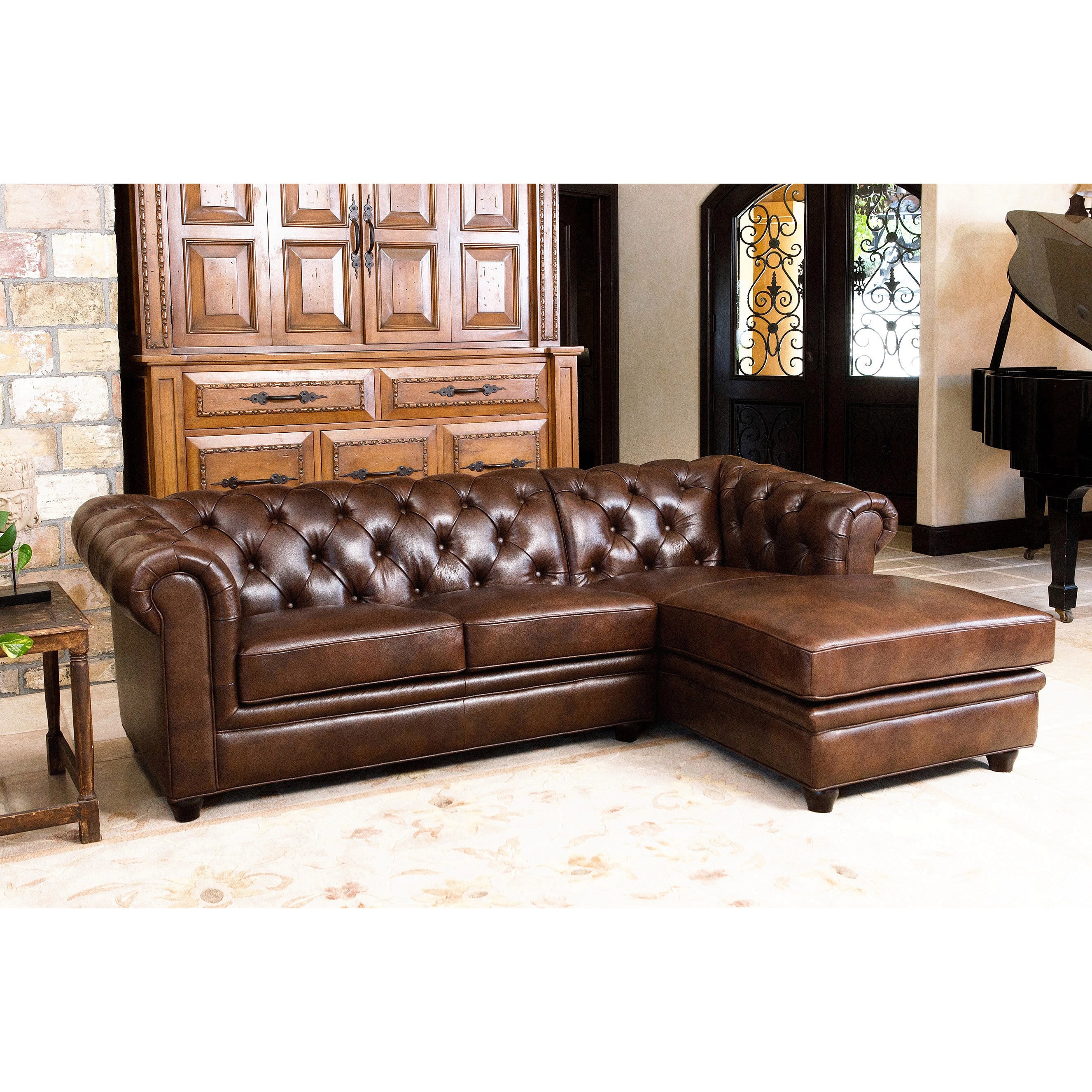 Shop Abbyson Tuscan Tufted Top Grain Leather Chaise Sectional On