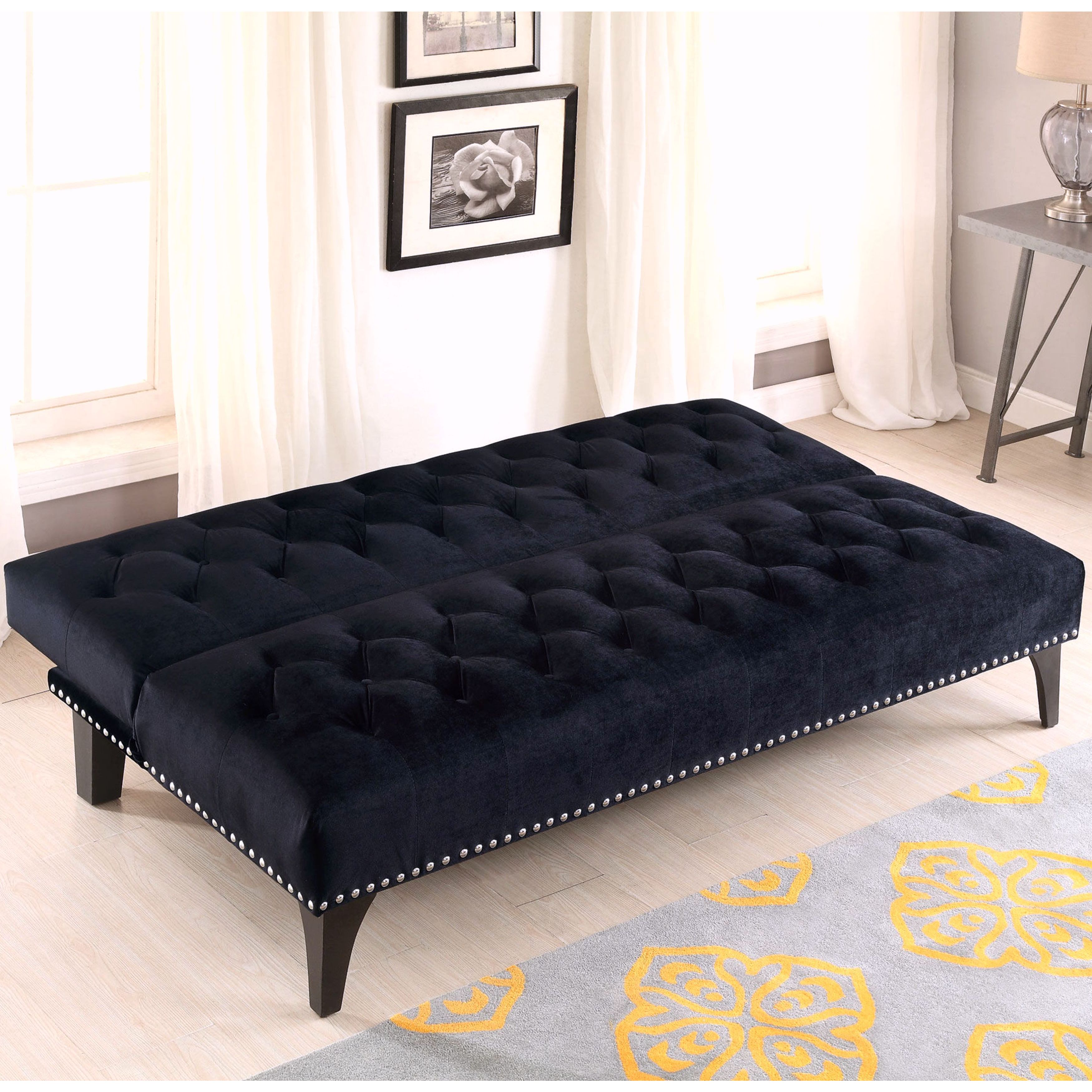 Xnron On Tufted Black Velvet Sofa Bed Lounger With Nailhead Trim