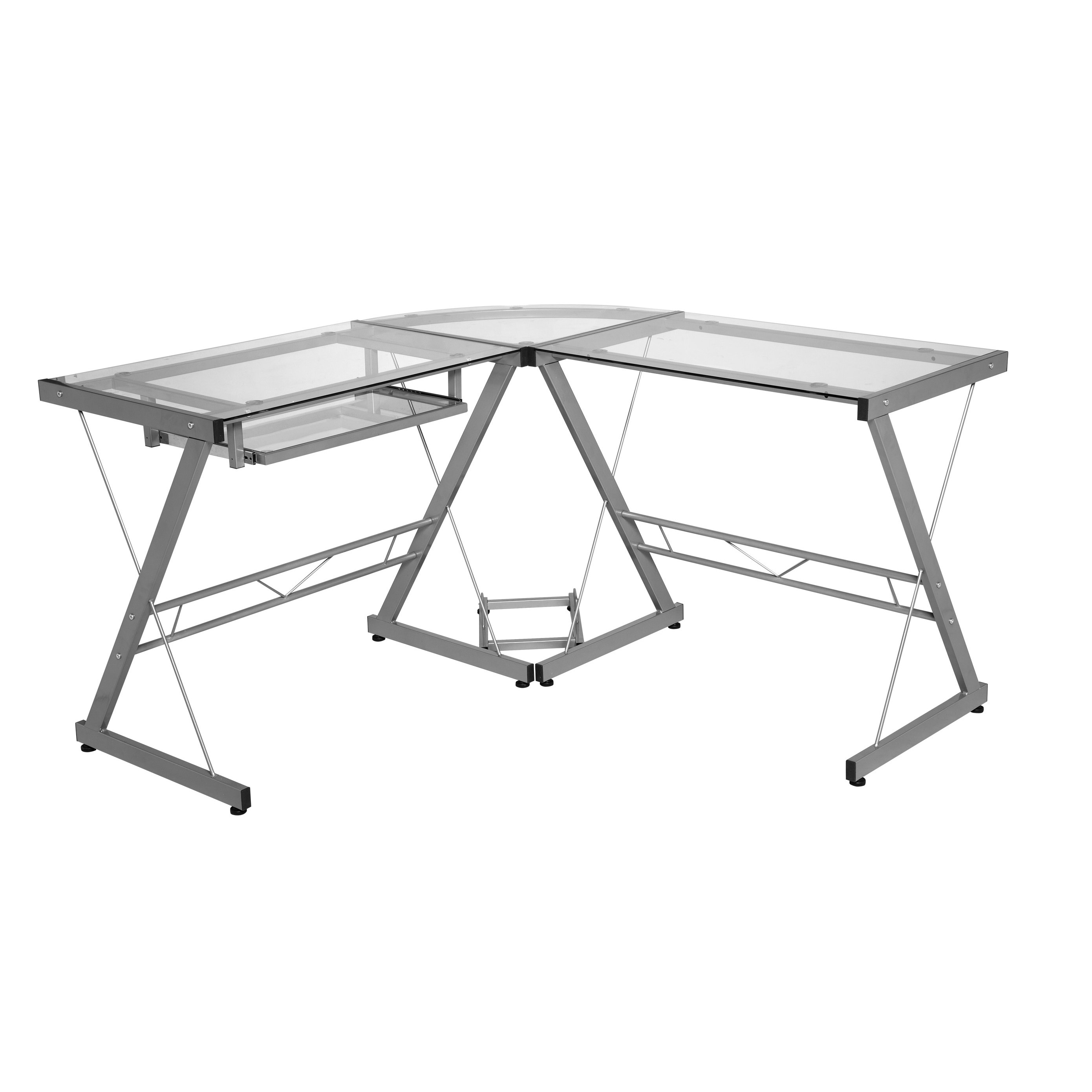 Shop One Space Silver And Clear Glass L Shape Desk With Pull Out Keyboard Tray Free Shipping Today Overstock 11998766 Shop One Space Silver And Clear Glass L Shape Desk With Pull Out Keyboard Tray Free Shipping Today Overstock 11998766