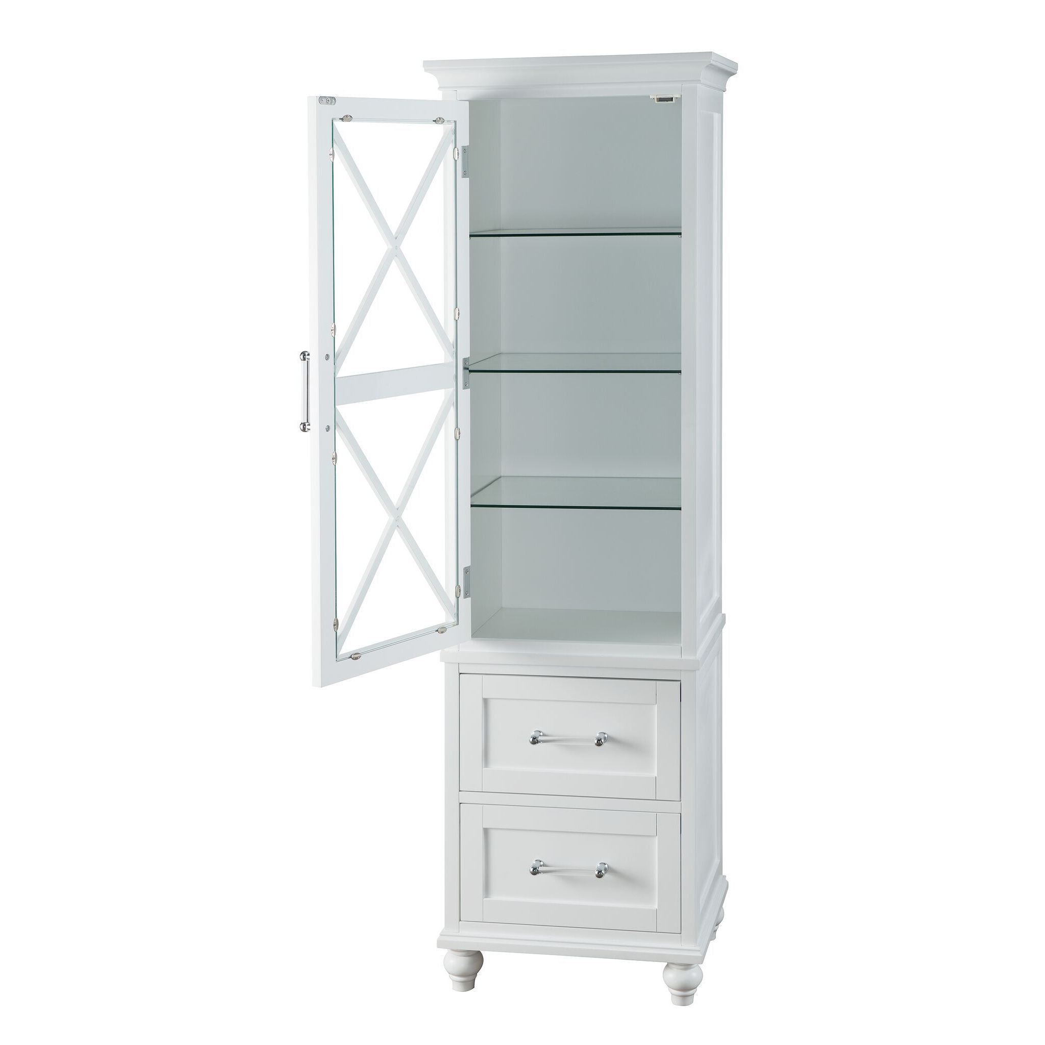 Grayson White Linen Tower with 2 Drawers and Chrome Hardware by