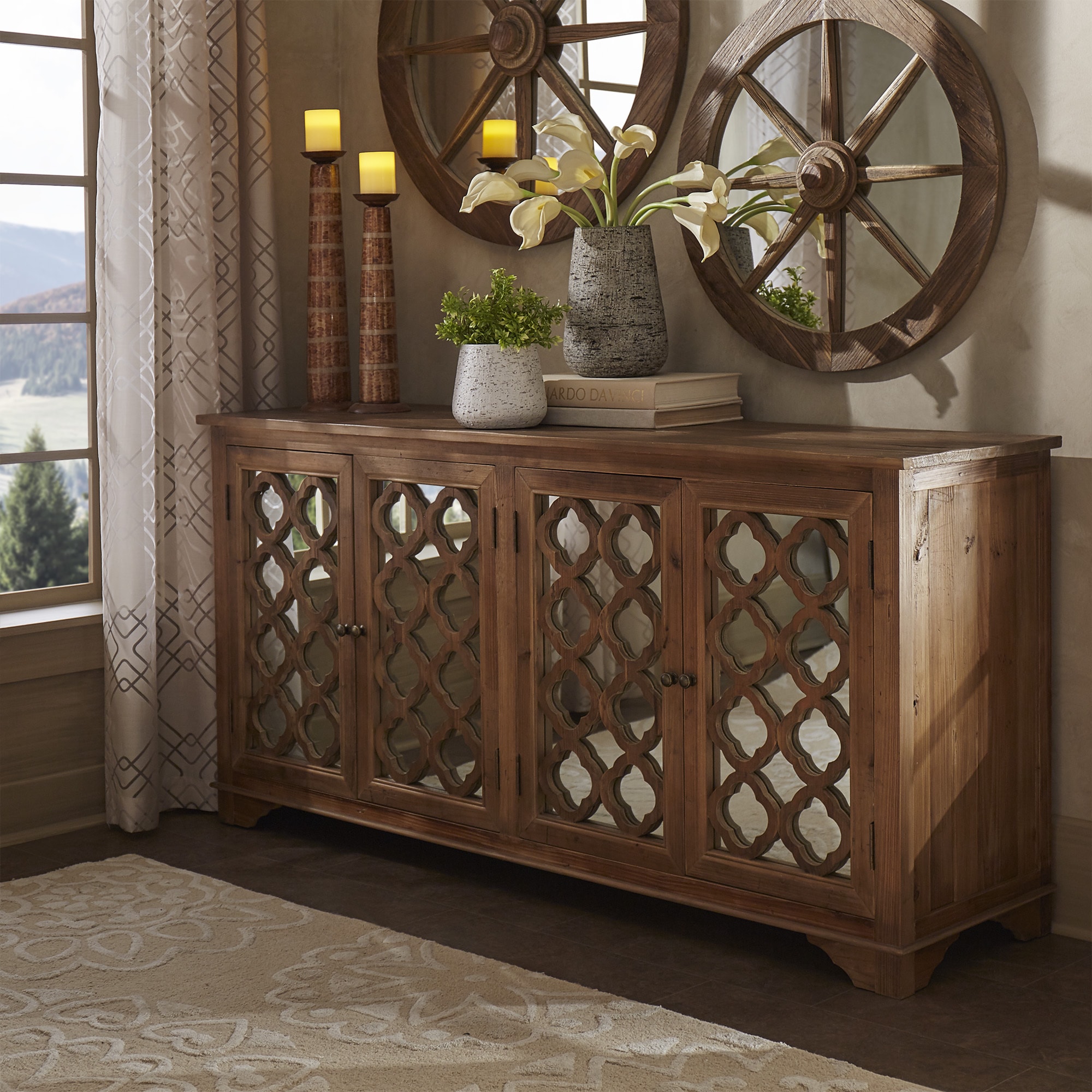 Hamptons Quatrefoil Reclaimed Wood Mirrored Buffet Sideboard Hamptons Quatrefoil Reclaimed Wood Mirrored Buffet Sideboard Cabinet By Inspire Q