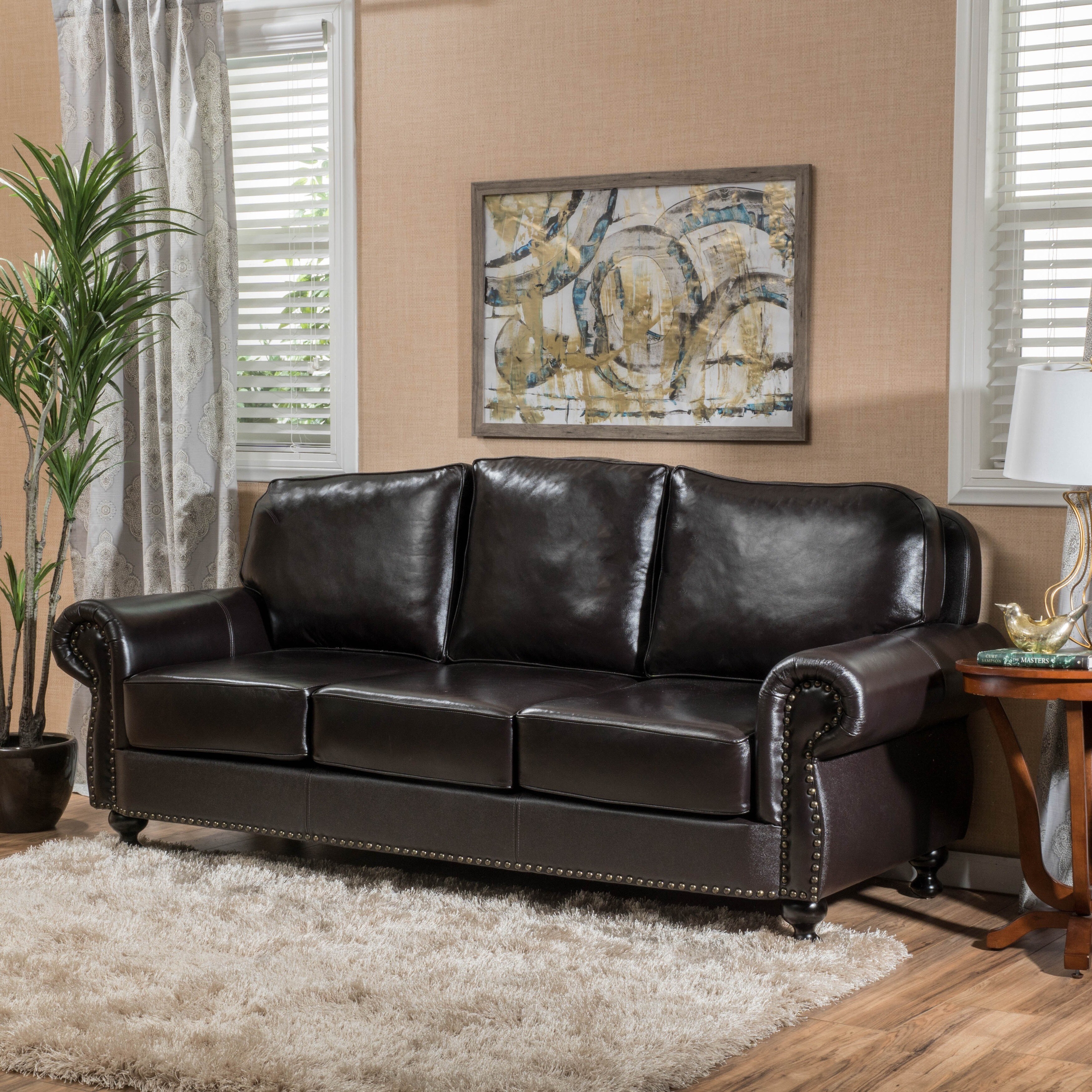 Taro 3 Seat Top Grain Leather Studded Sofa By Christopher Knight Home