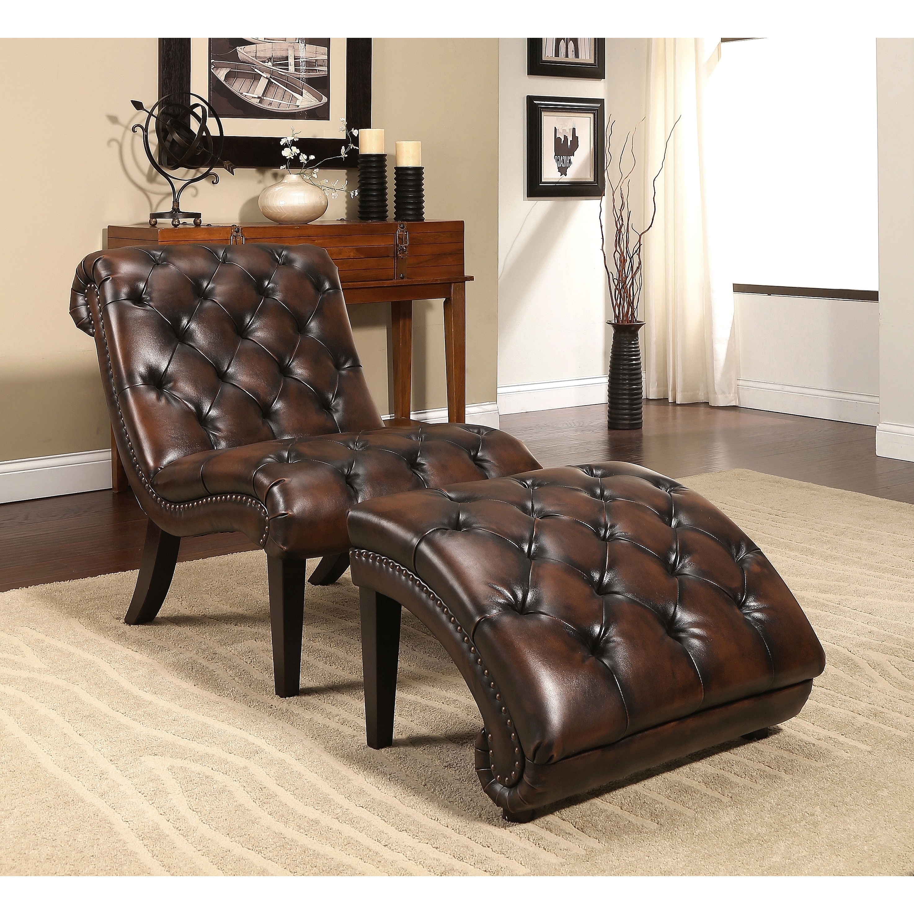 Abbyson Encore Brown Tufted Leather Chaise Lounge with Ottoman