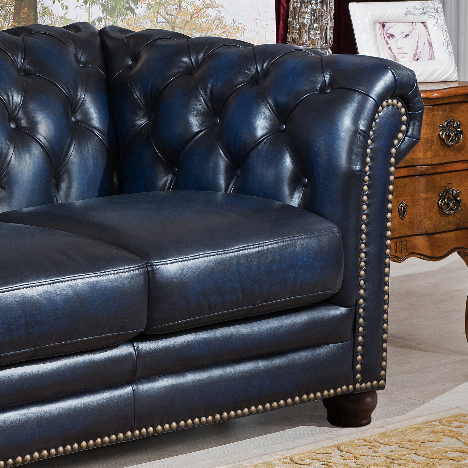 Nebraska Genuine Hand Rubbed Blue Leather Chesterfield Sofa And Nebraska Genuine Hand Rubbed Blue Leather Chesterfield Sofa And Two Chair Set Free Shipping Today 12143397