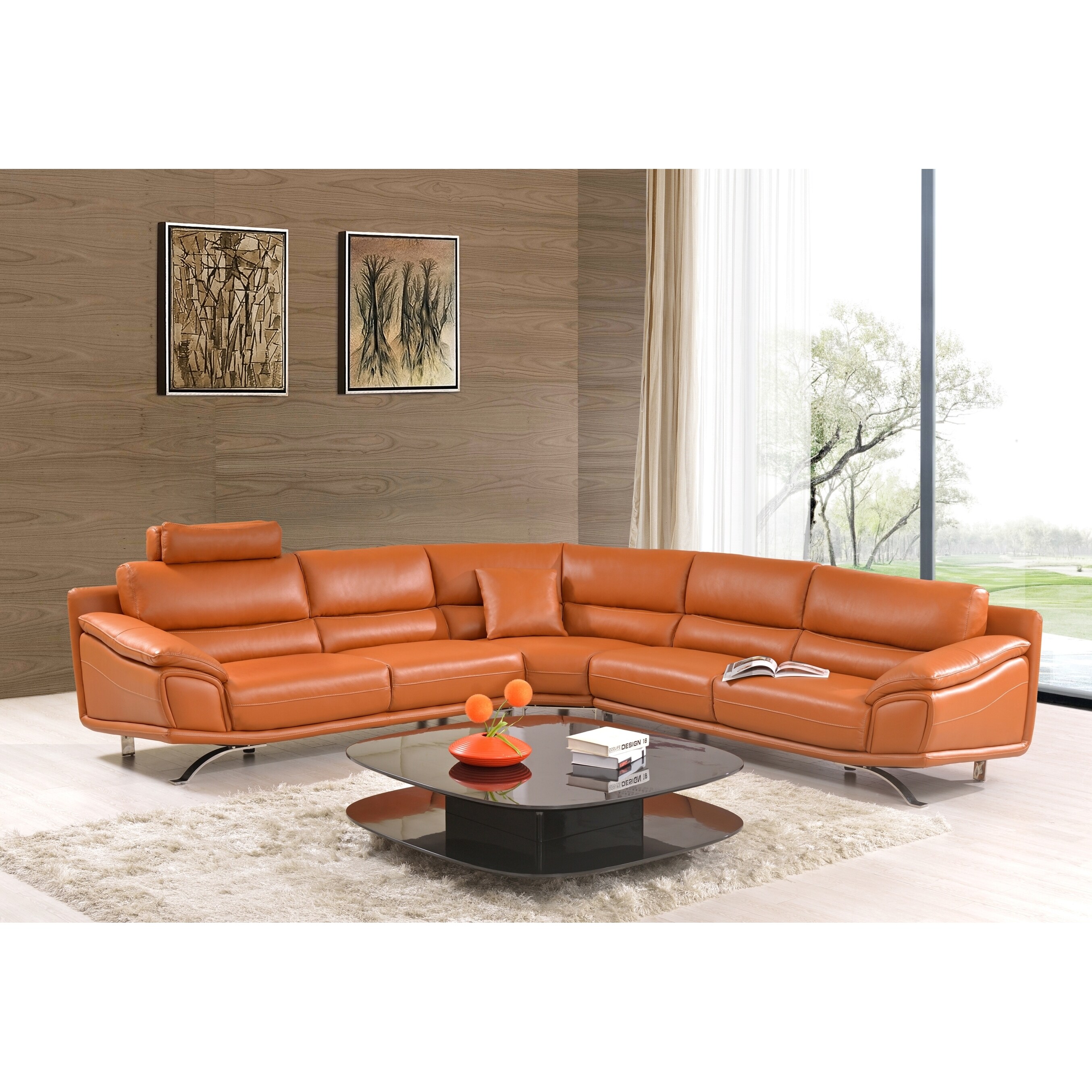 Luca Home Split Leather Orange Sectional Sofa