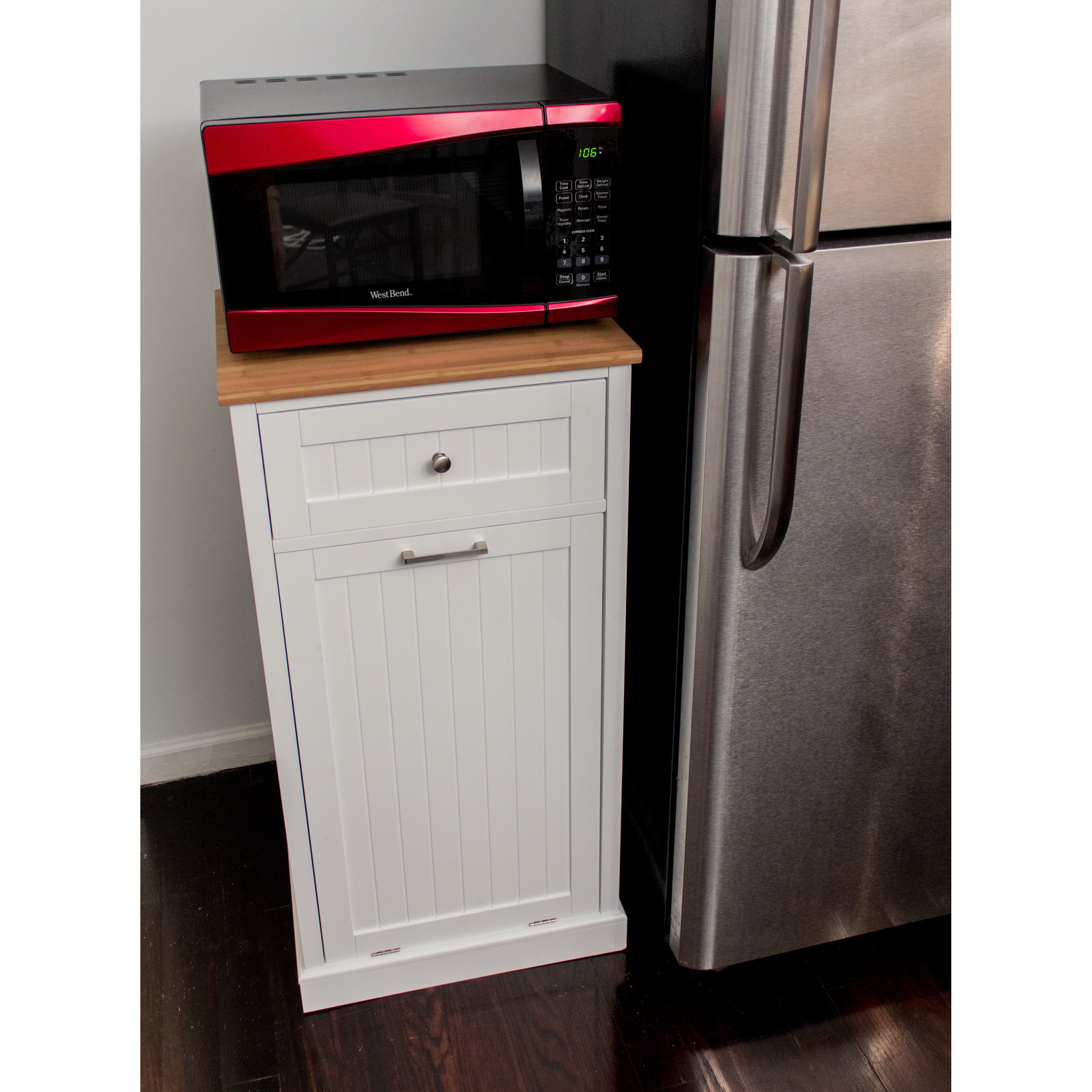 White Microwave Kitchen Cart With Hideaway Trash Can Holder Free