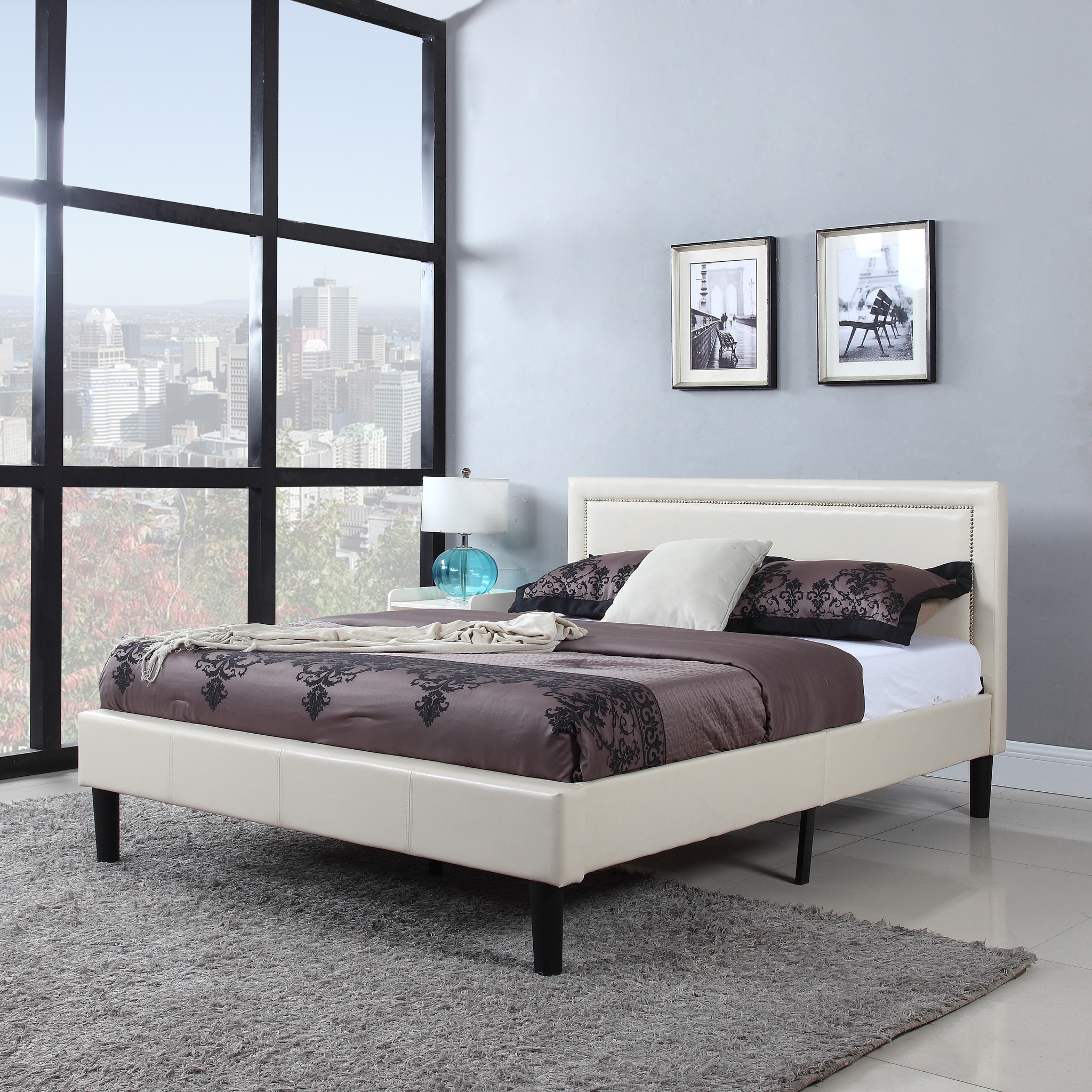 Deluxe Nailhead Trimmed Ivory Bonded Leather Platform Bed Deluxe Nailhead Trimmed Ivory Bonded Leather Platform Bed