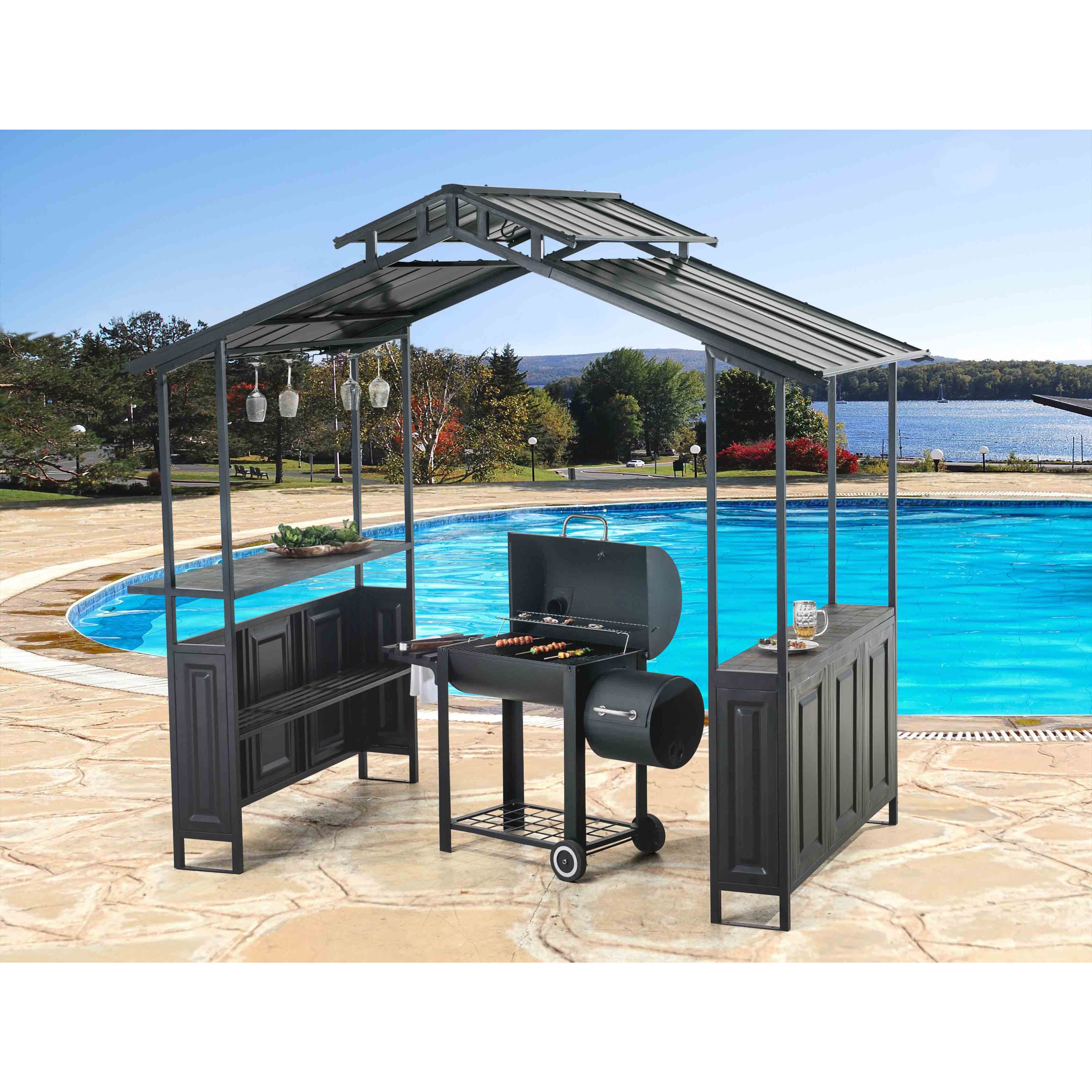 Sunjoy Brown Steel Deluxe 8 X 5 Hard Top Grill Shelter With Sunjoy Brown Steel Deluxe 8 X 5 Hard Top Grill Shelter With Serving Bar Free Shipping Today 19255562