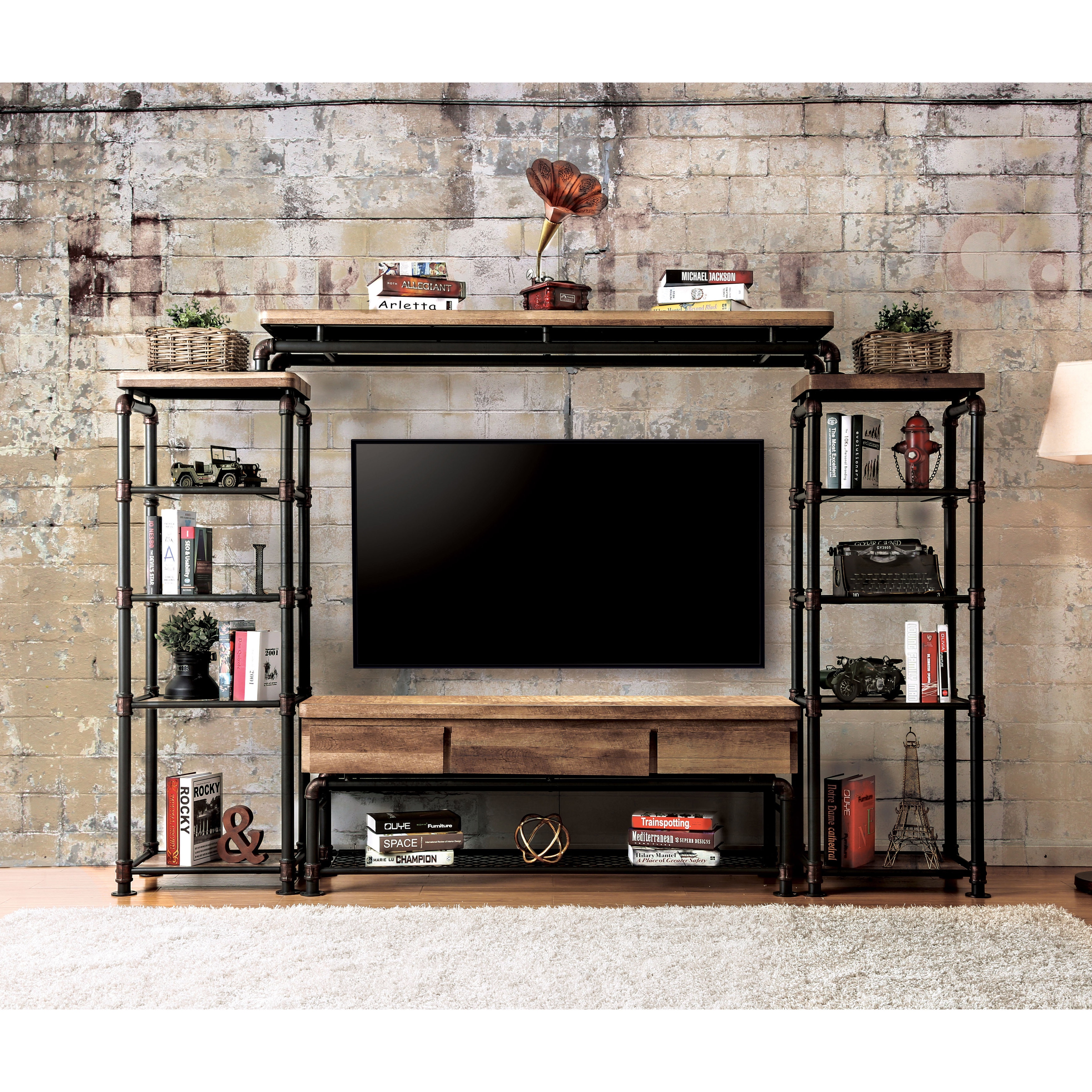 Shop furniture of america herman industrial black entertainment center 4 piece free shipping today overstock com 12884213